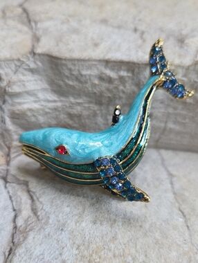 Blue And Green Enamel Whale Brooch Pendant with Blue Crystal Accents